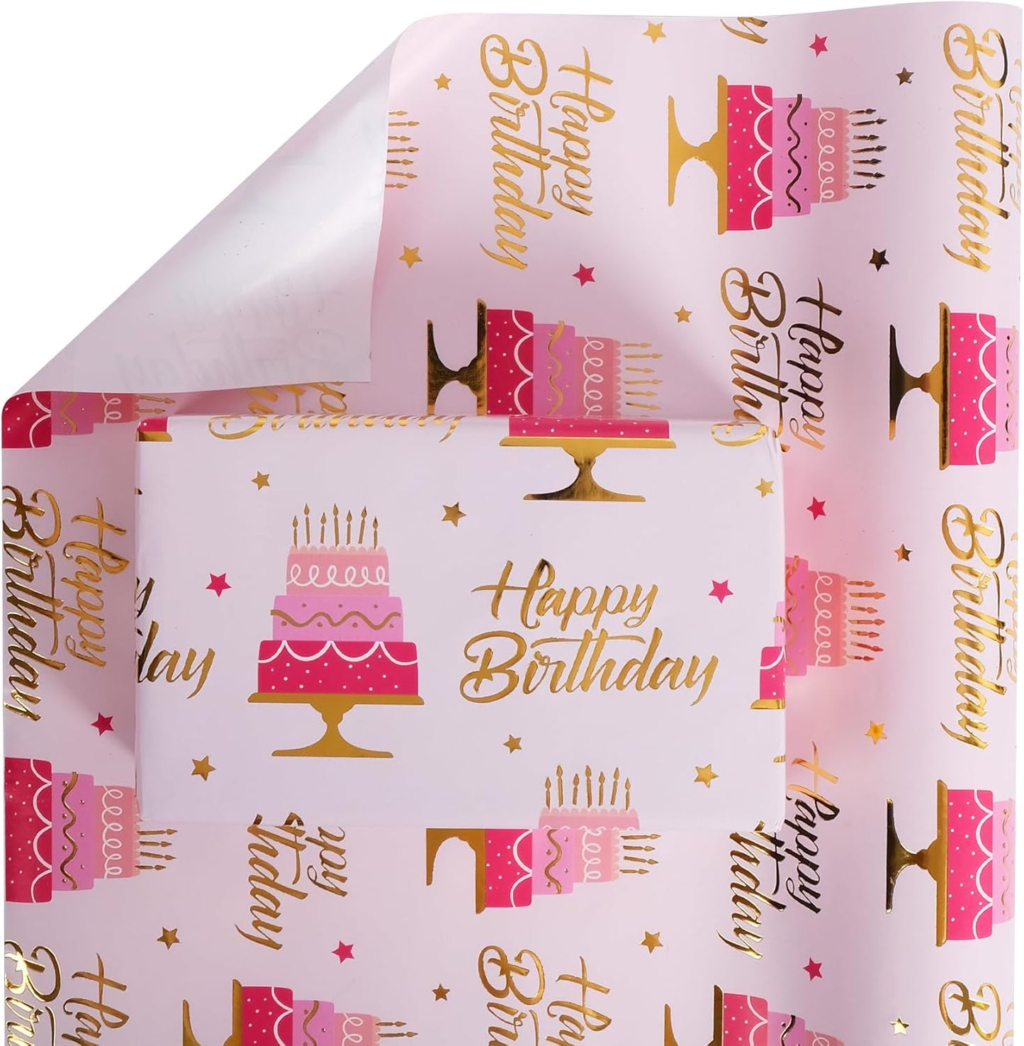 Aimyoo Pink Birthday Wrapping Paper Roll - 17 Inch X 32.8 Feet - Gold Foil Celebration Cake, Happy Birthday Lettering Design Gift Wrap for Kids, Baby Showers
