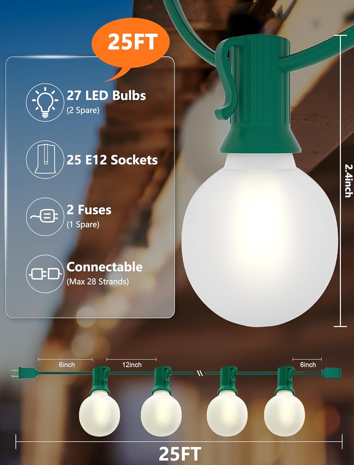 SUNSGNE 25Ft Globe Christmas Lights Outdoor, G40 LED Round Christmas Lights with 27 LED Frosted White Bulbs(2 Spare) for Yard Patio Garden Balcony Bistro Decor, Green Wire