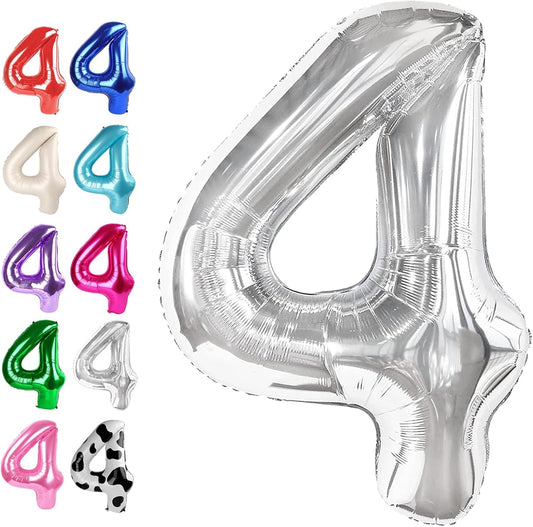 40 Inch Silver Large Number 4 Birthday Balloon, Giant Number Four 14 24 34 40 44 Balloons, Foil Mylar Big Balloons for Anniversary Graduation Supplies Decorations