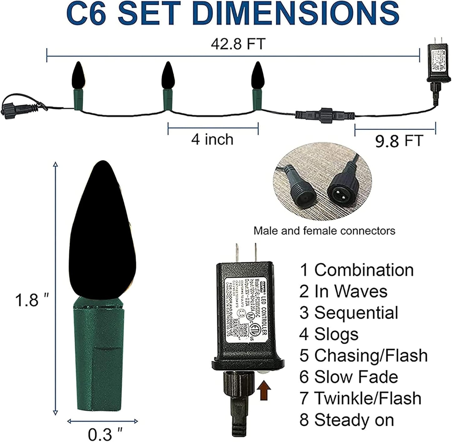 Dazzle Bright C6 Green Christmas Lights, 100 LED 33 FT Outdoor Christmas Lights Waterproof Plug in with 8 Modes for Indoor Xmas Tree Decorations
