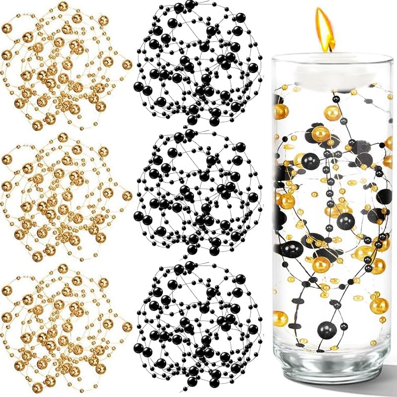 50 PCS Artificial Floating Beads for Centerpieces Vases, Black Gold 8+3mm String Beads for Wedding Party Faux Pearl String for Decorating, String Pearls for Crafts Vase Filler