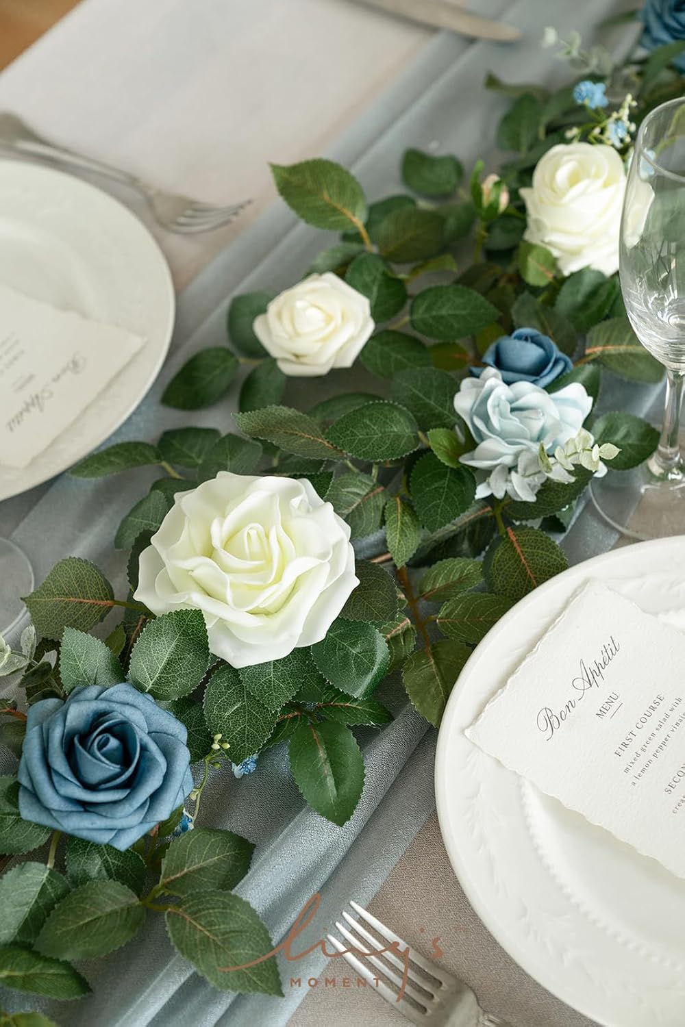 Ling's moment 5FT Dusty Blue Artificial Flower Garland Rose Leaves Floral Garland Arch Flowers Vine Table Garland for Wedding Party Backdrop Decor Home Mantel Table Centerpieces Decoration