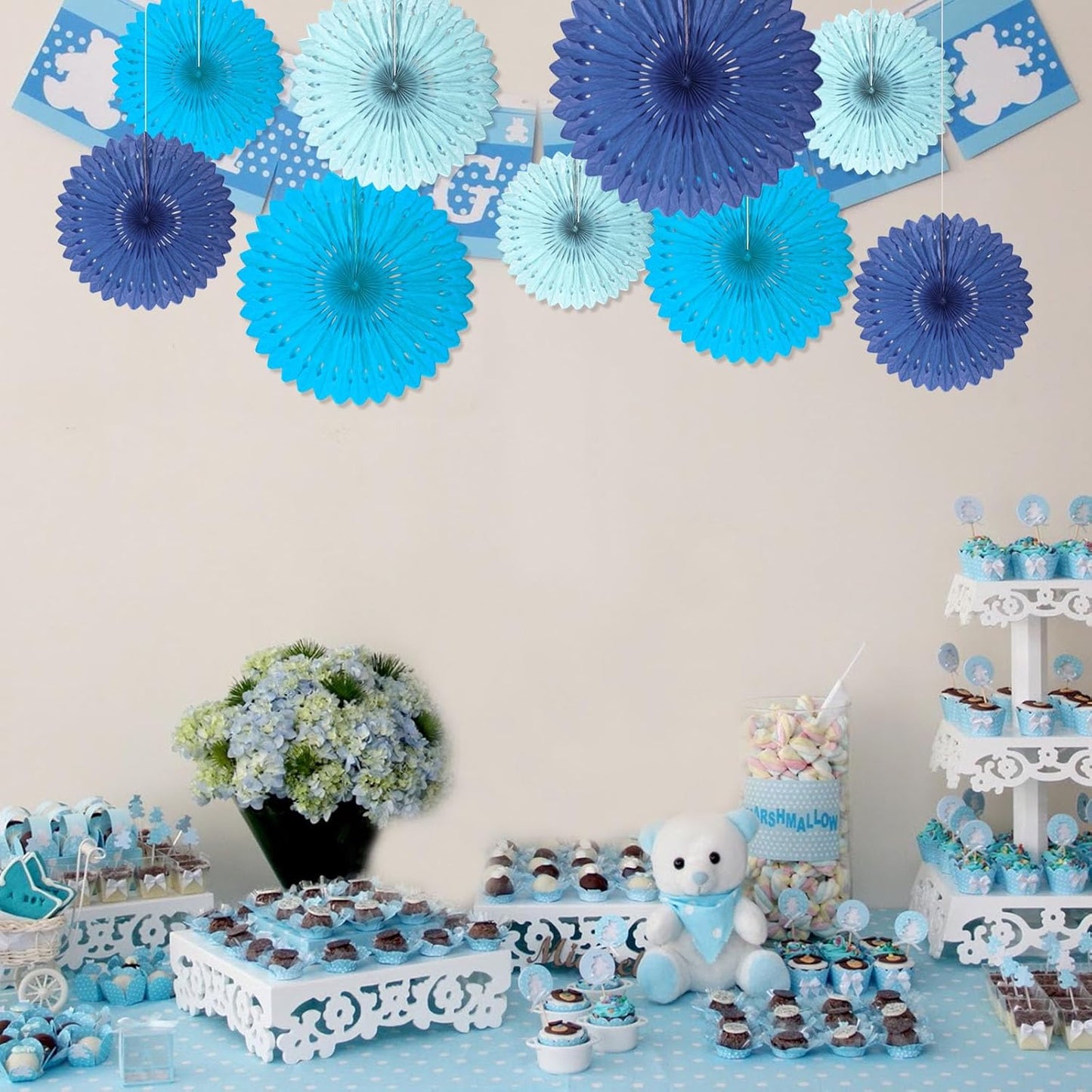 18 Pcs Blue Kit Hanging Honeycomb Paper Fans, Round Paper Fan Decorations for Weddings, Birthdays, Bachelorette, Photo Booth Backdrops, Baby Shower, Anniversary Events Party Supplies