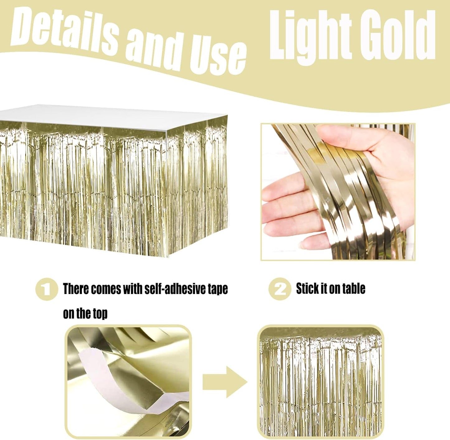4 Pack 29x108 Inch Metallic Foil Fringe Tinsel Table Skirts for Rectangle Tables Streamer Backdrop for Wedding, Birthday, Parade Floats, Christmas, Halloween Party Decoration(Light Gold)