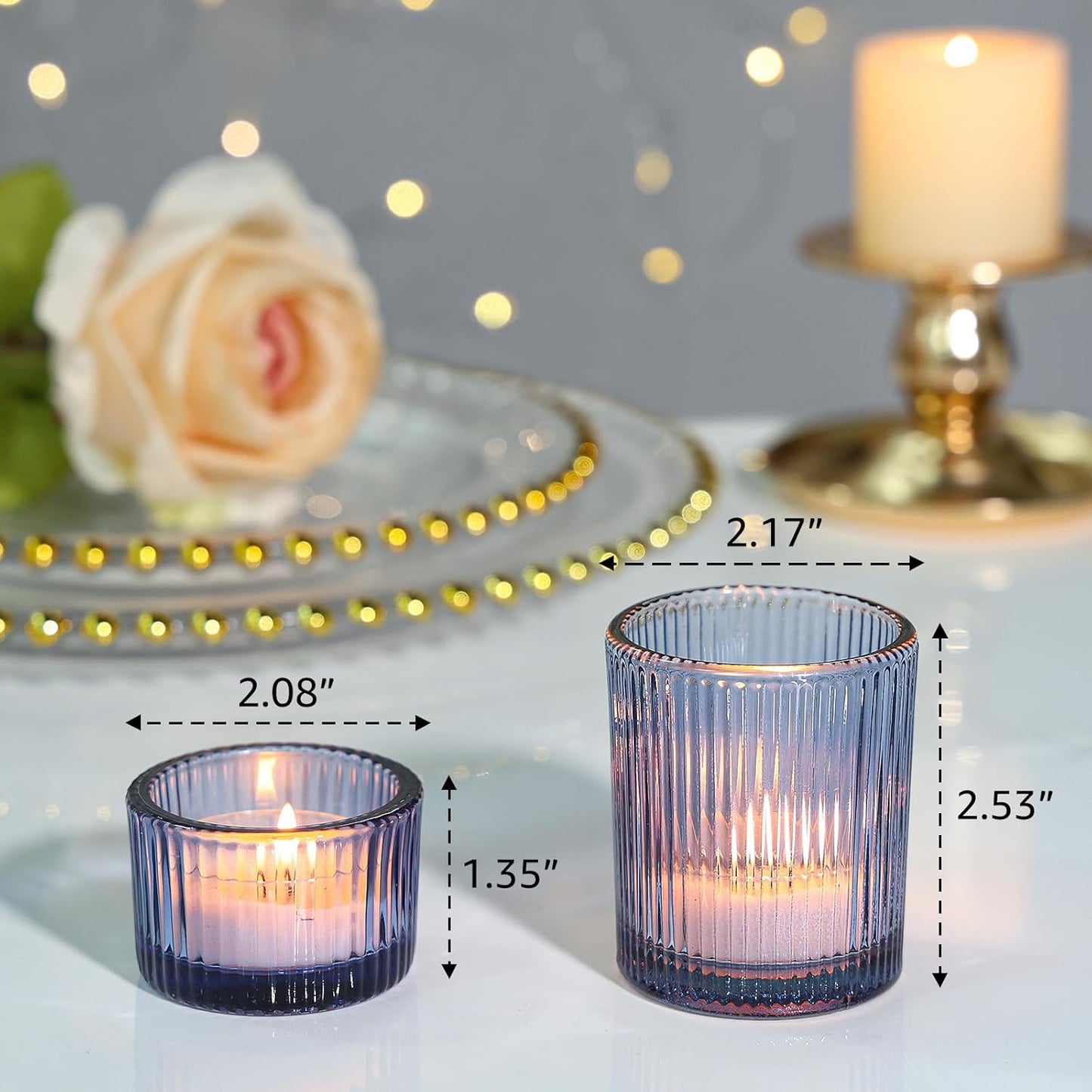 24 Pcs Ribbed Votive Candle Holders, Dark Blue Glass Holders Bulk for Table Centerpiece, Tealight Holders Glass for Wedding Shower, Party and Home Decor