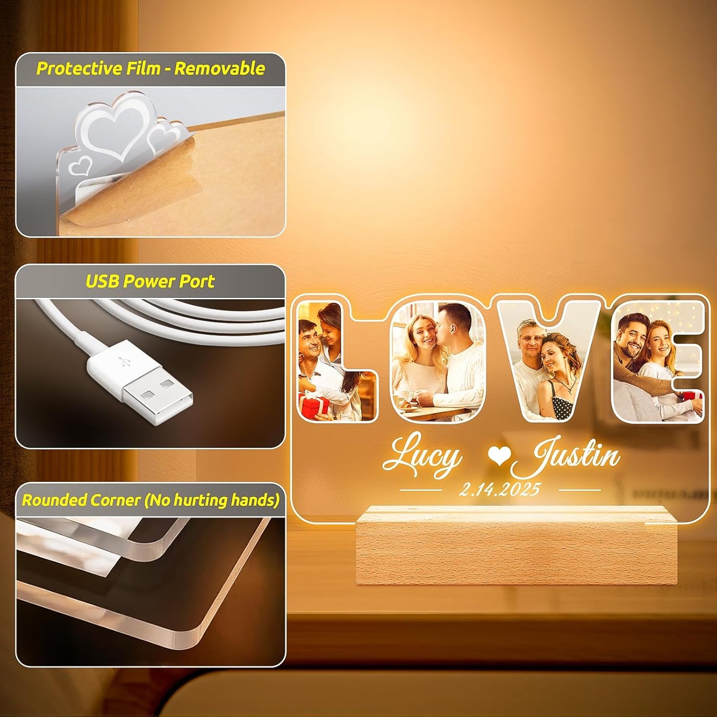 Custom Picture Frames with Photos, Personalized Photo Frame with Night Light, Customized Picture Frame, Personalized Anniversary Wedding Gifts for Women Men Her Him Boyfriend Girlfriend Couples