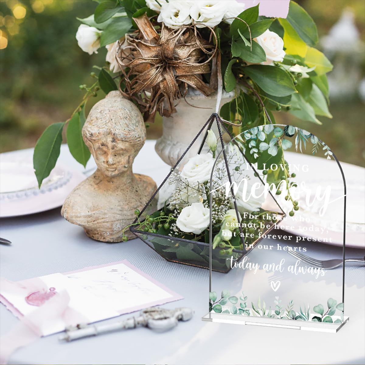 In Loving Memory Acrylic Wedding Sign Memory Table Sign Modern Calligraphy Arch Acrylic Table Top Signs for Wedding Reception and Event Party Decor (Eucalyptus Leaves)