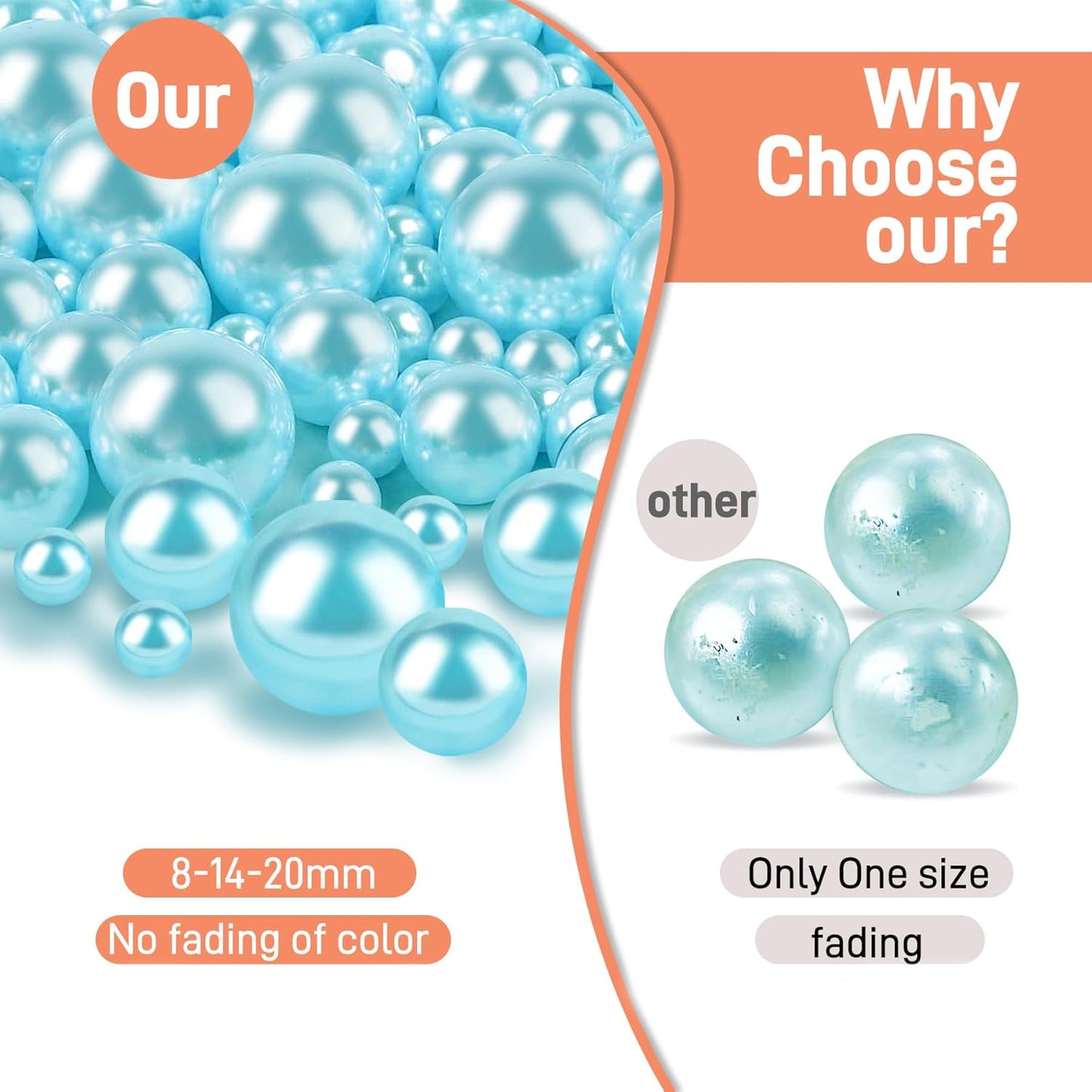 120 PCS 8/14/20mm No Hole Polish Pearl Beads for Centerpiece, Lake Blue Beads Decorative Vase Fillers, Plastics Pearls for Vases, Table Scatters, Wedding Party Decor