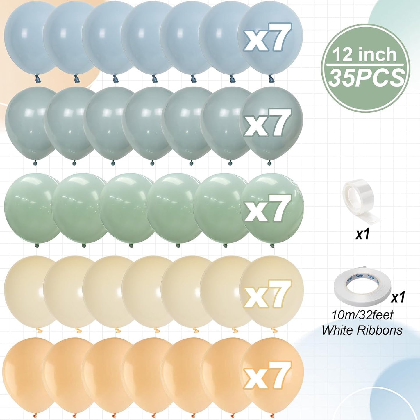 Sage Green Dusty Blue Balloons, 12 Inch Retro Slate Light Blue Olive Green White Sand Beige Nude Eucalyptus Latex Balloon for Boho Rabbit Birthday Wedding Toy Baby Shower Woodland Party Decor