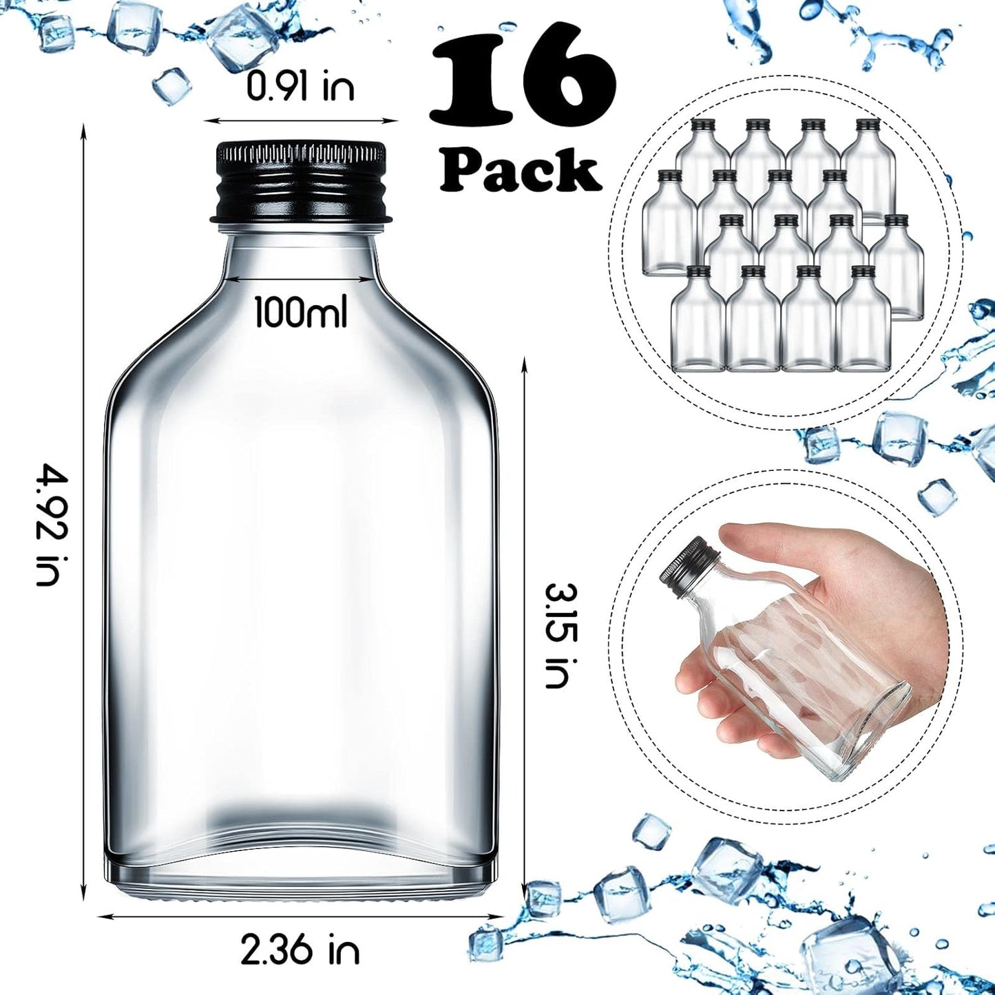 Patelai 16 Pcs Clear Glass Bottles with Caps Mini Glass Flask Liquor Bottles Empty Alcohol Shot Bottling Small Champagne Container DIY Gift for Wine Beverages Liquor Drinks Oil Beer (100 Ml/ 3.4oz)