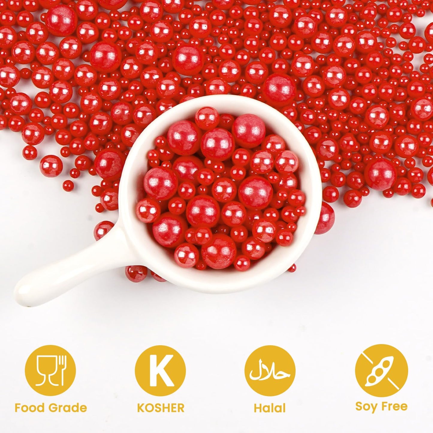 Edible Red Pearl Sprinkles, Red Pearls for Cake Decorating, Mix Size, Baking Edible Cake Decorations & Cupcake Toppers, Cookie Decoration, Wedding Party Chirstmas Supplies, 180g/6.35oz