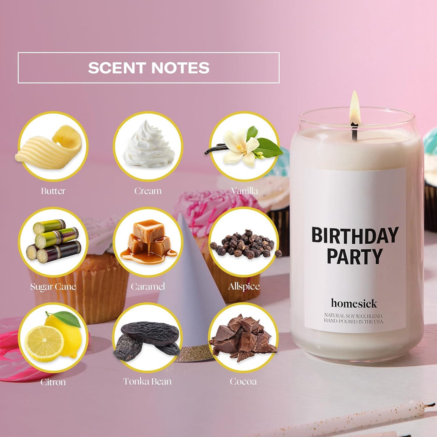 Homesick Scented Candles for Home (Birthday Party) - 13.75 oz Long-Lasting Natural Soy Wax Blend Jar Candle Gifts for Women & Men, 60-80 Hours Burn Time - Notes of Butter, Cream & Vanilla