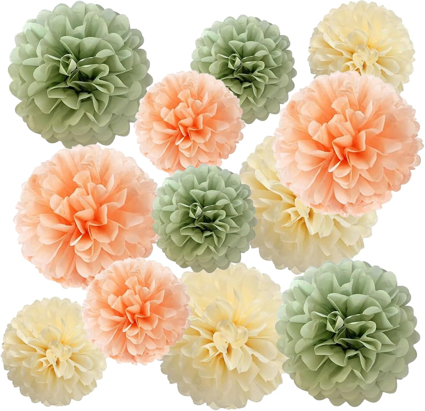 ZOOYOO Sage Green and Pink Cream Party Decoration - Green and Peach Tissue Paper Pom Poms for Bridal Shower, Birthday, Anniversary - 12PCS