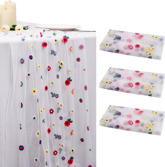 BINBE 3pcs Ivory Daisy Fall Table Runner Embroidery Gauze 10FT Florals Seasonal Tulle Holiday Birthday Kitchen Dining Table Decor for Home Party