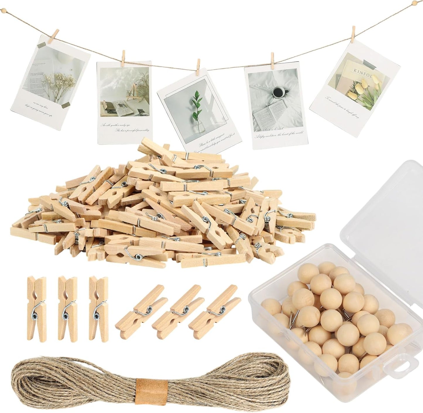100 Pcs Wooden Clothespins for Photo Hanging Display, Mini Clothes Pins with String, Photo Display Hanging Clips for Crafts Pictures Photos Home Birthday Wedding Party Decoration