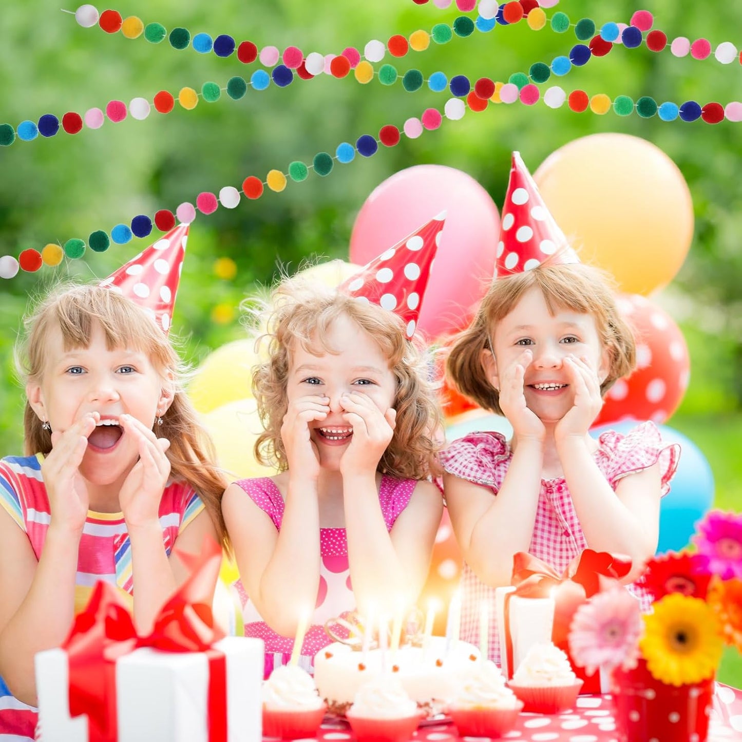 3 Pack Colorful Pom Pom Garland Decorations, Rainbow Colorful Ball Garland 6.5 Feet Long, 24 Balls Each - Rainbow Garlands Hanging Supplies for Party Home Classroom Decor