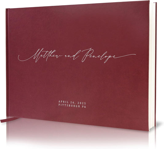 MUUJEE Personalized Guestbook in Wine - Premium Custom Modern Guest Book for Wedding Reception, Birthday Party or Events w/Bookmark Blank Pages for Signing 11.5 x 8.5 inches