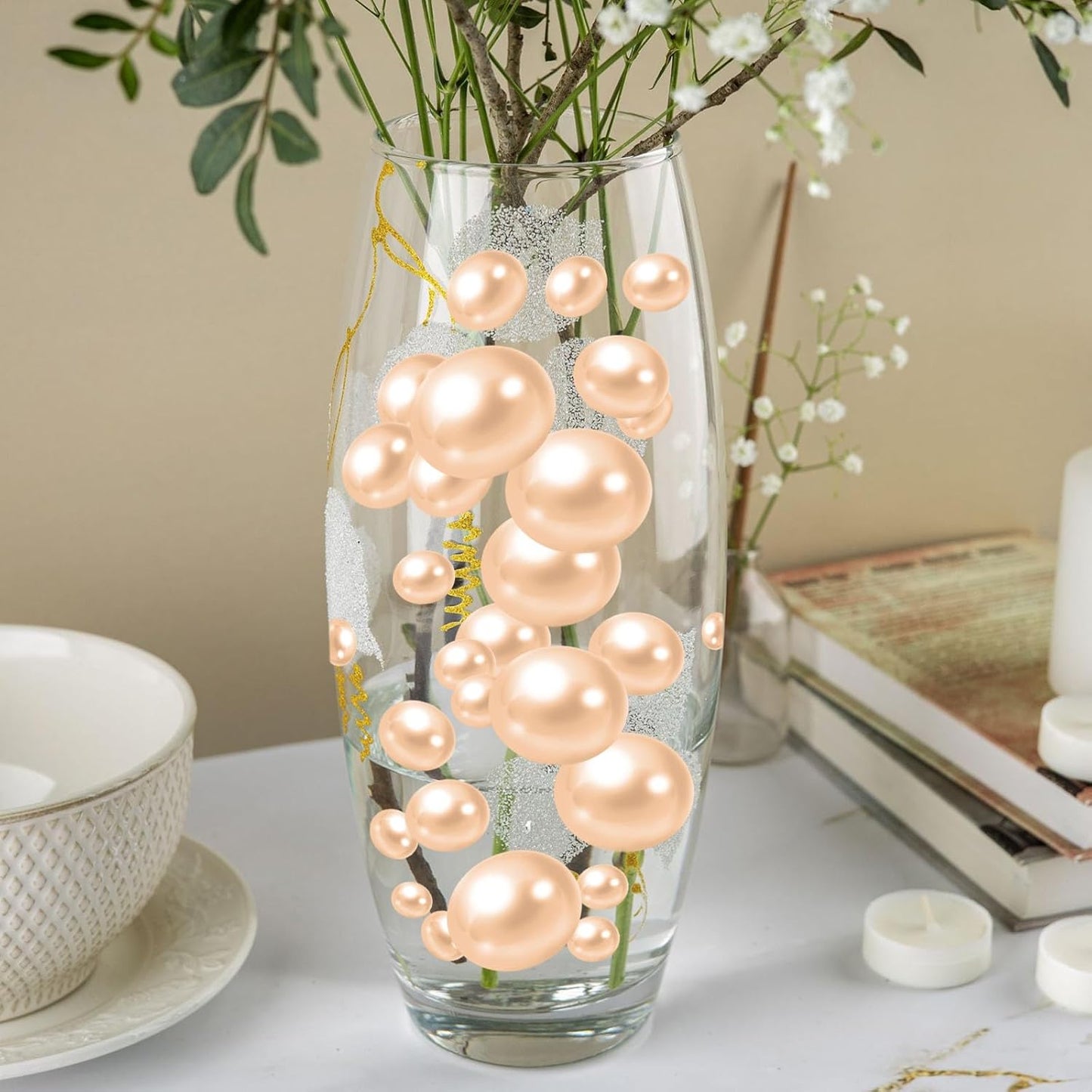 100PCS Champagne Faux Pearls Beads for Centerpiece Vases, Vase Filler Faux Pearls, No Holes Filler Beads for Party Anniversary Birthday Wedding Table Decor, 14/20/30mm