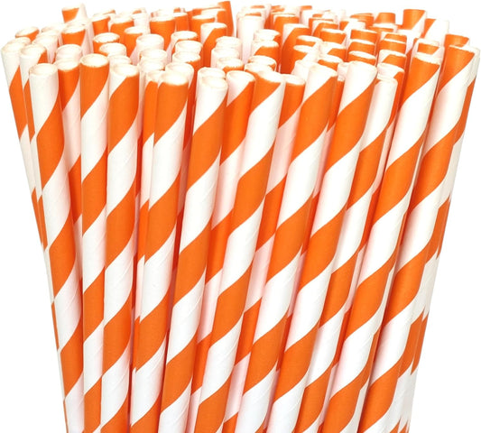 200 Orange Straws, Biodegradable Orange and White Paper Striped Straws for Coffee, Cocktail, Lemonade, Milkshake, DIY Decorations, Weddings, Bridal, Baby Shower, Party Supplies