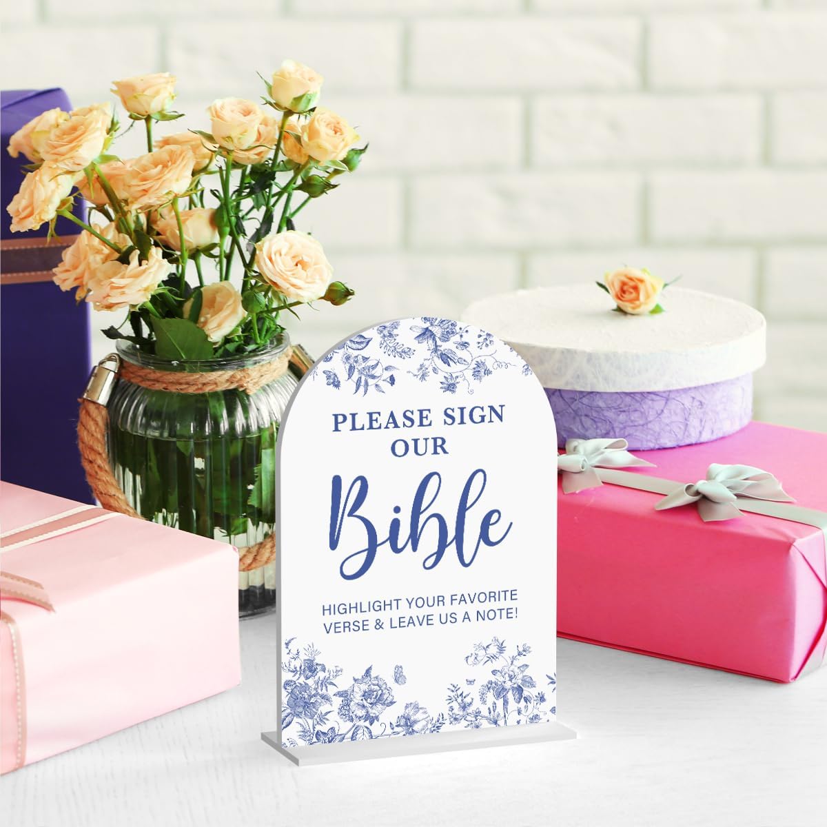 Acrylic Wedding Signs, Dusty Blue Wedding Decor, Blue Weddings Decor, Modern Calligraphy Arch Acrylic Table Top Sign for Weddings Parties Dinners - Please Sign Our Bible (White)