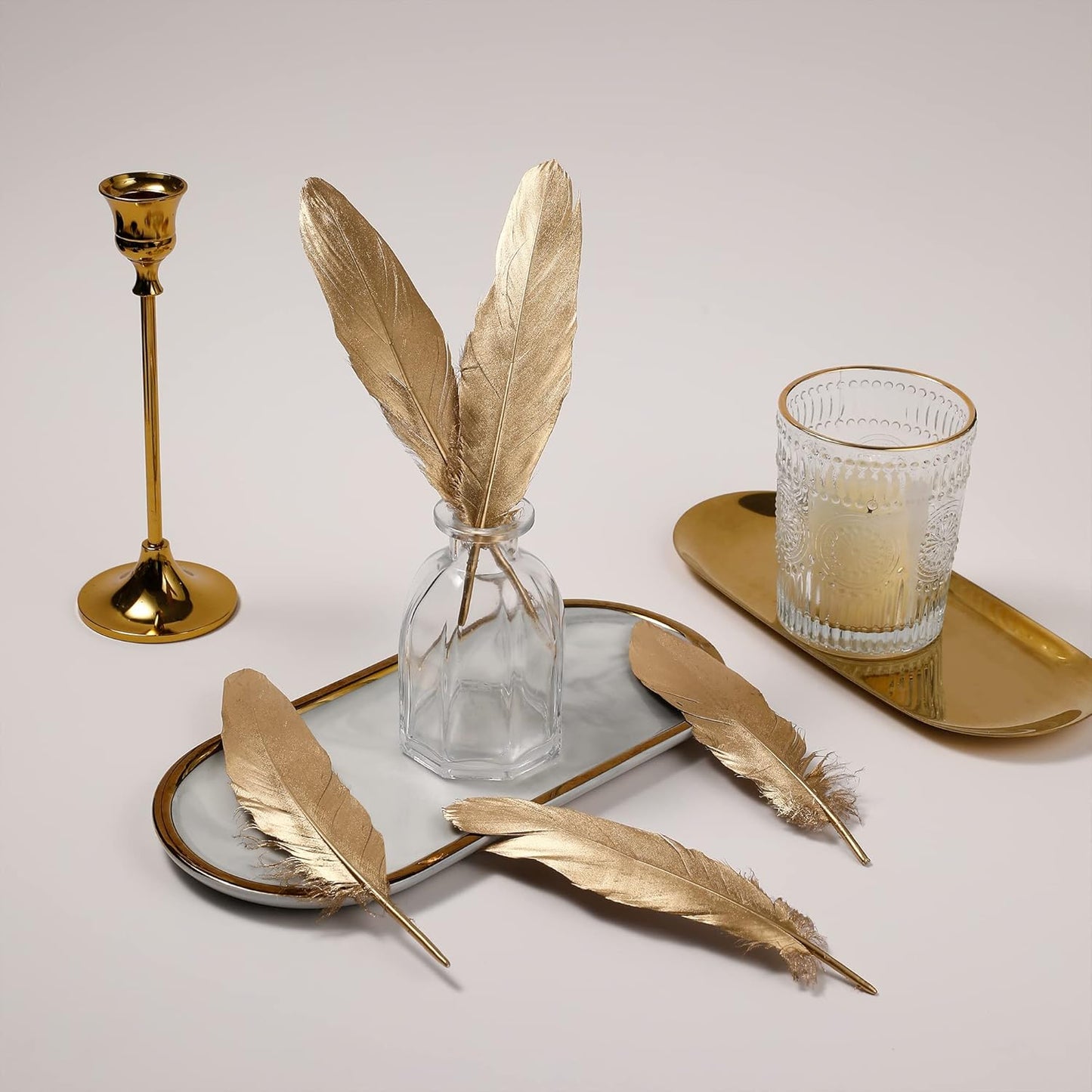 Larryhot Gold Goose Feathers for Crafts - 6-8 inch 60 pcs Natural Feathers for Wedding Party Decorations,DIY Crafts and Clothing Accessories (Gold)