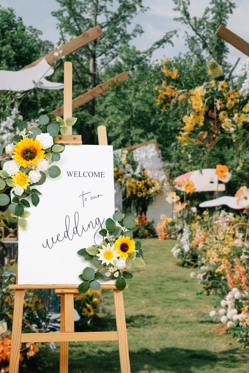 WEIERYUE(Pack of 2 Artificial Flowers Decorations,Artificial Arch Backdrop Garlandfor Ceremony Party Reception Entrance Welcome Easel Door Floral Decor Wall Home Entryway Outdoor(Sunflower)