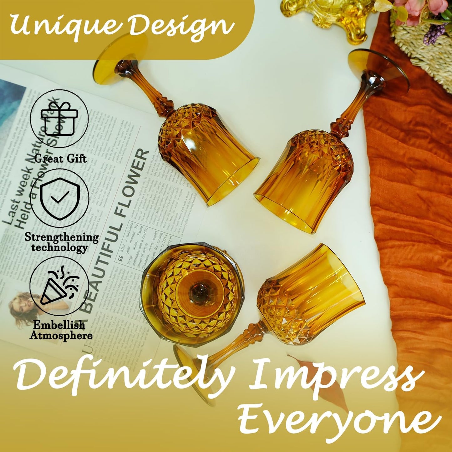 Plastic Wine Glasses，Plastic Goblets Vintage Style Cordial Drinking Glasses for Wedding Reception, Grand Event Party Supplies (24, Amber)