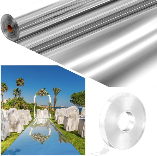 3.3 x 98.4 ft Mirror Rug Aisle Runner for Wedding Ceremony Double Sided Reflective Carpet Aisle Runner Walkway Rug Roll for Outdoor Birthday Graduation Party Decor(Silver)
