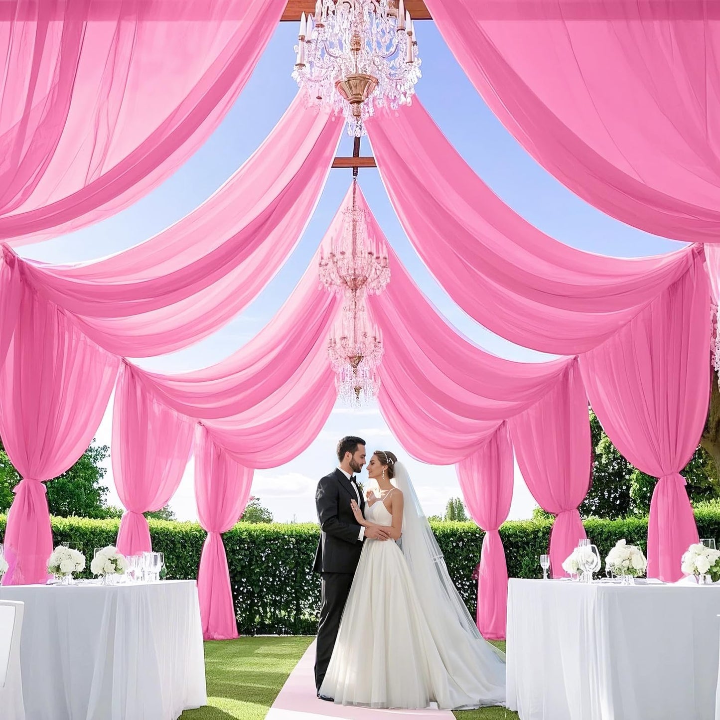 MODFUNS Pink Wedding Drapes 5x30ft 2 Panels Wedding Arch Draping Fabric Chiffon Semi Sheer Drapery Curtain Ceiling Covering Fabric for Party Banquet Decorations