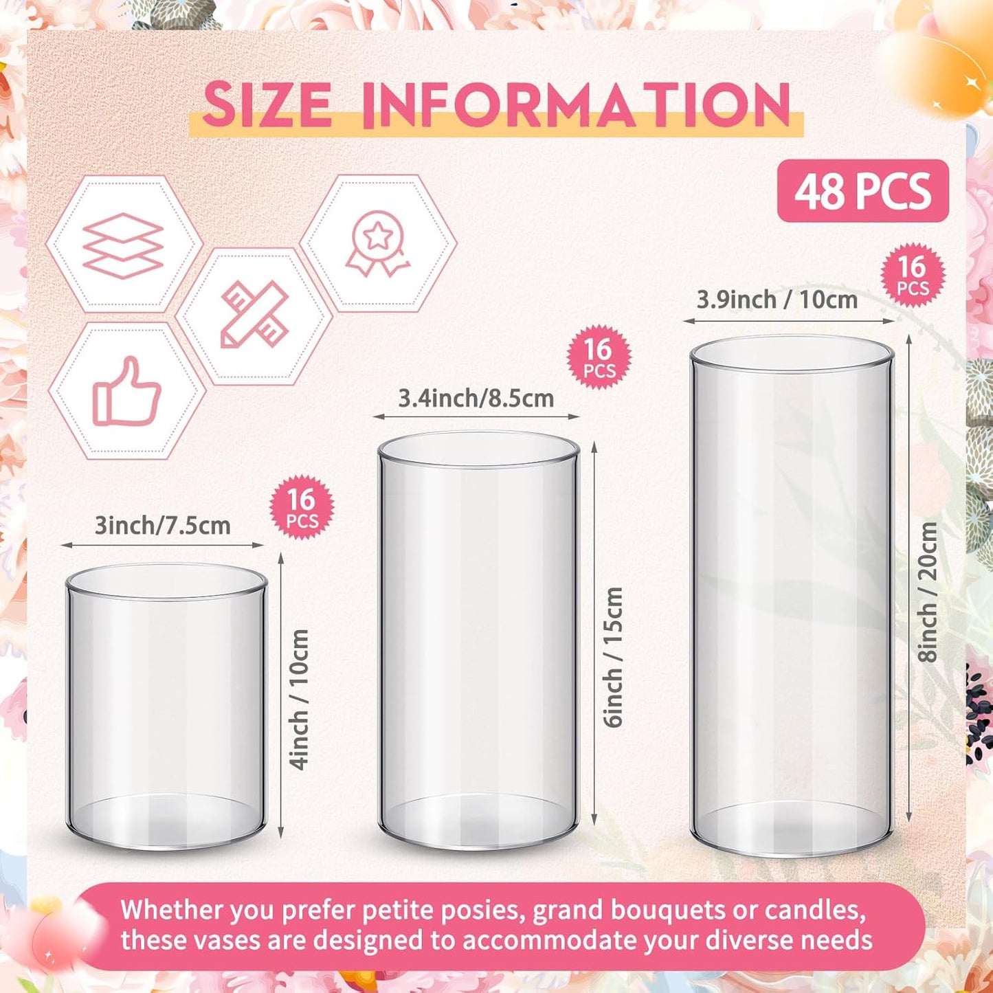 Nuogo 48 Pcs Plastic Cylinder Vases Tall Clear Flower Vases for Centerpieces Hurricane Candle Holder for Home Wedding Office Party Formal Dinners Decorations (4''/6''/8'')