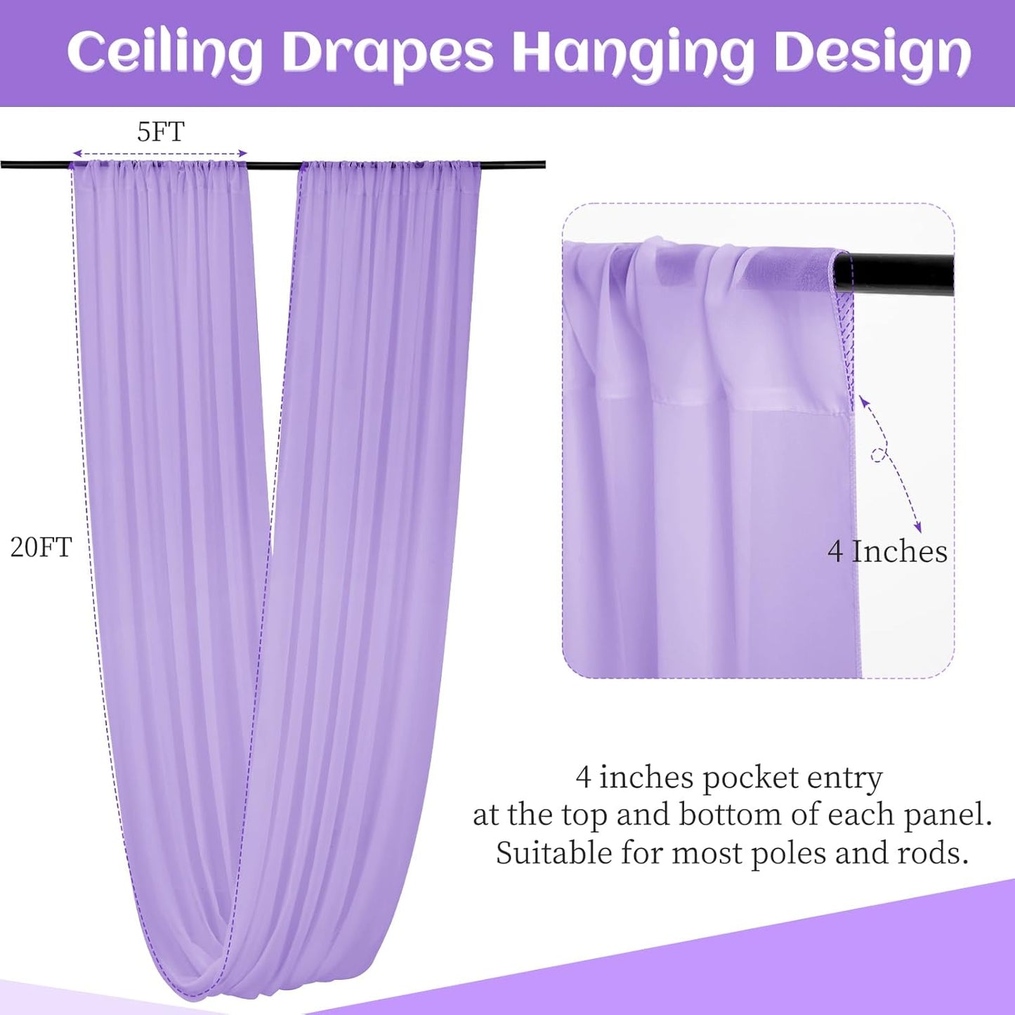 6 Panels Lilac Wedding Ceiling Drapes 5ftx20ft Ceiling Drapes Chiffon Fabric Arch Draping Sheer Curtains Soft Drapery Draping Wedding Ceiling Decorations for Party Ceremony Stage Swag