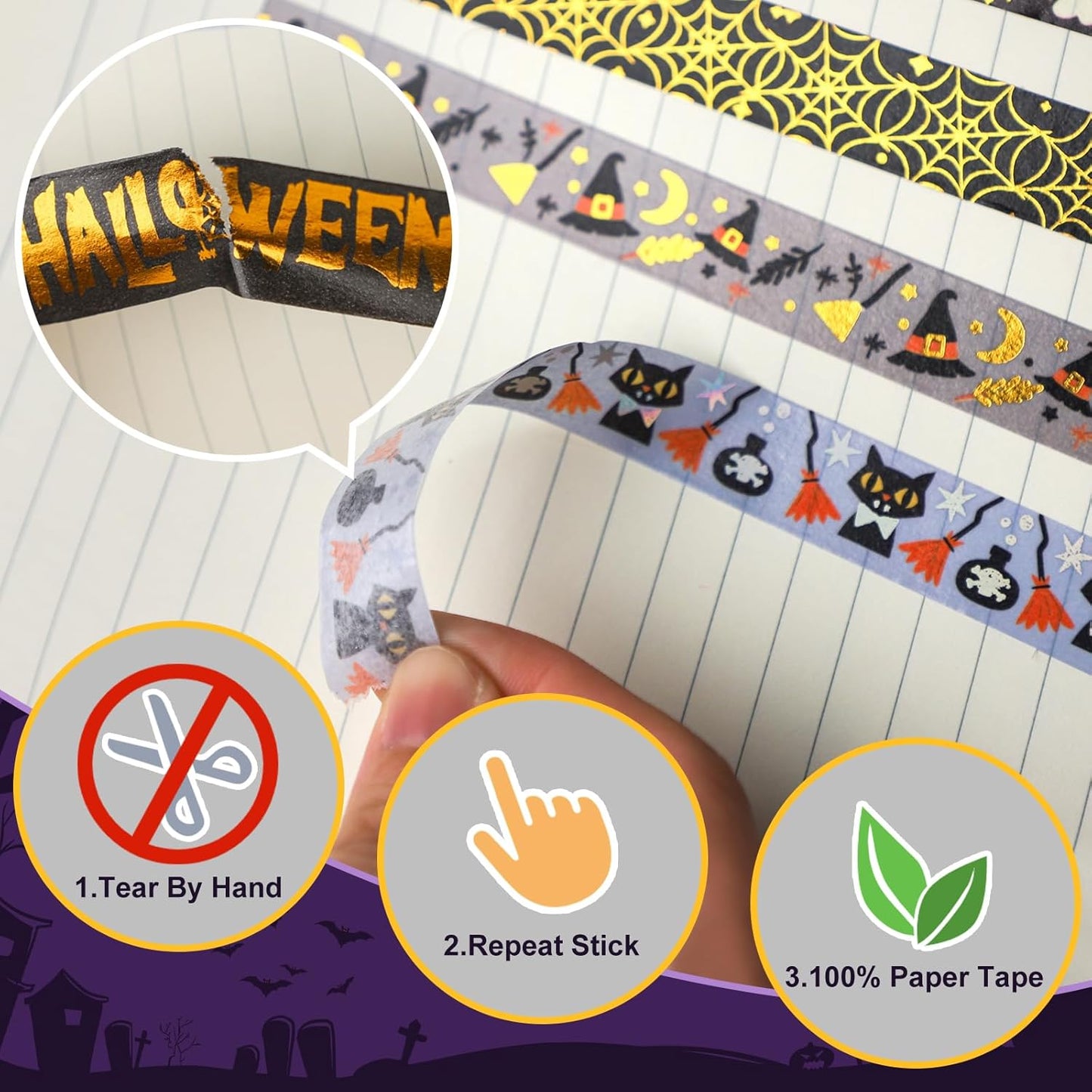 16 Rolls Halloween Washi Tape Holiday Masking Tape Stickers Glod Foil Decorative Tape for Scrapbook Journal DIY Craft Gift Wrapping（Halloween