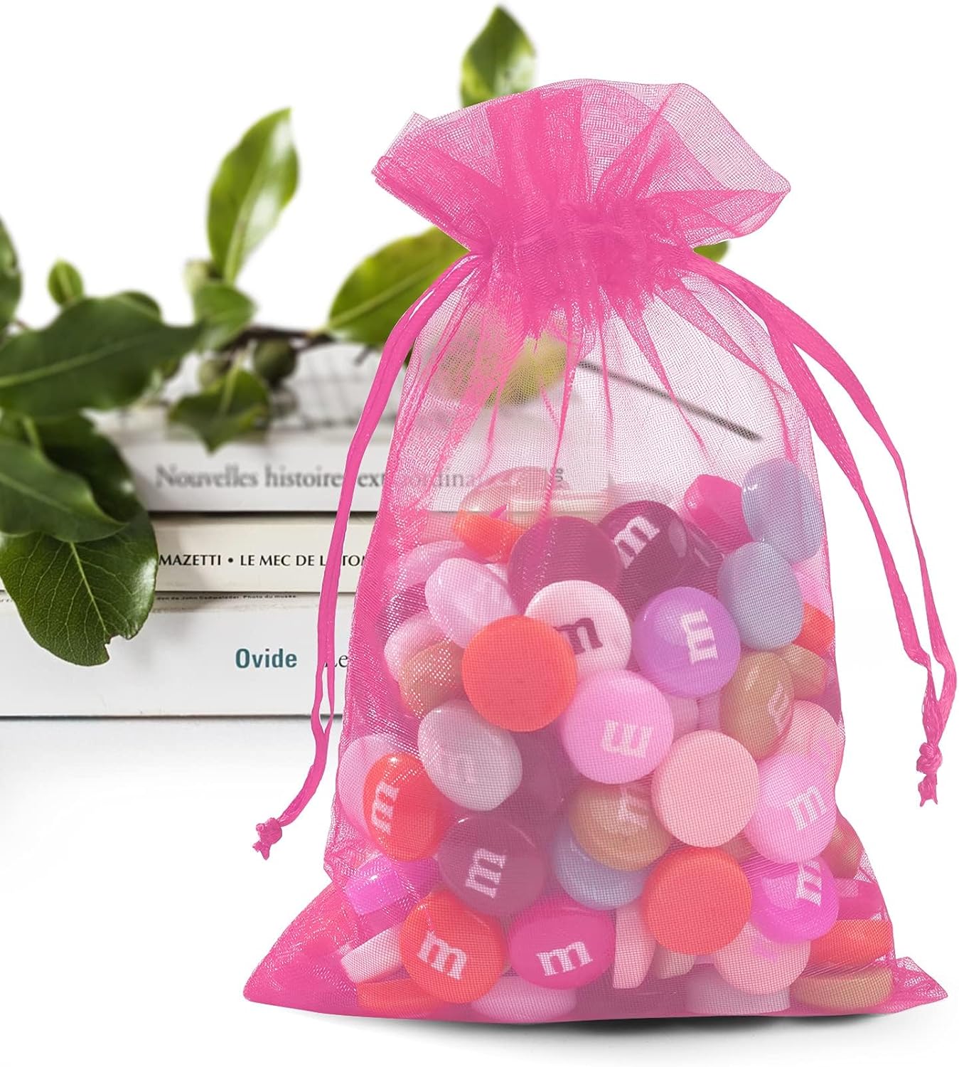 ANZNKU 50 Pack Hot Pink Organza Bags 4 x 6 inch Premium Sheer Drawstring Small Mesh Bags for Candy Jewelry Party Wedding Christmas Favor Gift Bags