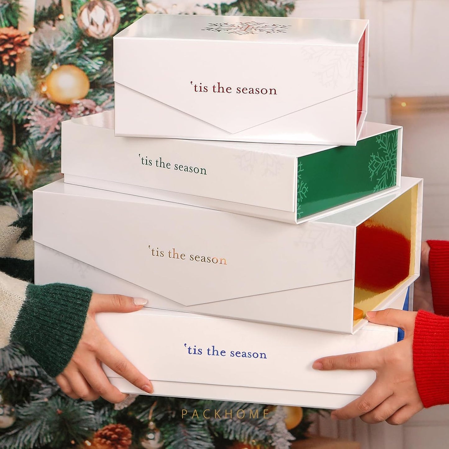 PACKHOME Christmas Gift Box 13x9.7x3.4 Inches, Large Gift Box with Lid, Sturdy Shirt Box with Magnetic Lid for Wrapping Gifts (Gold Snowflake Pattern)