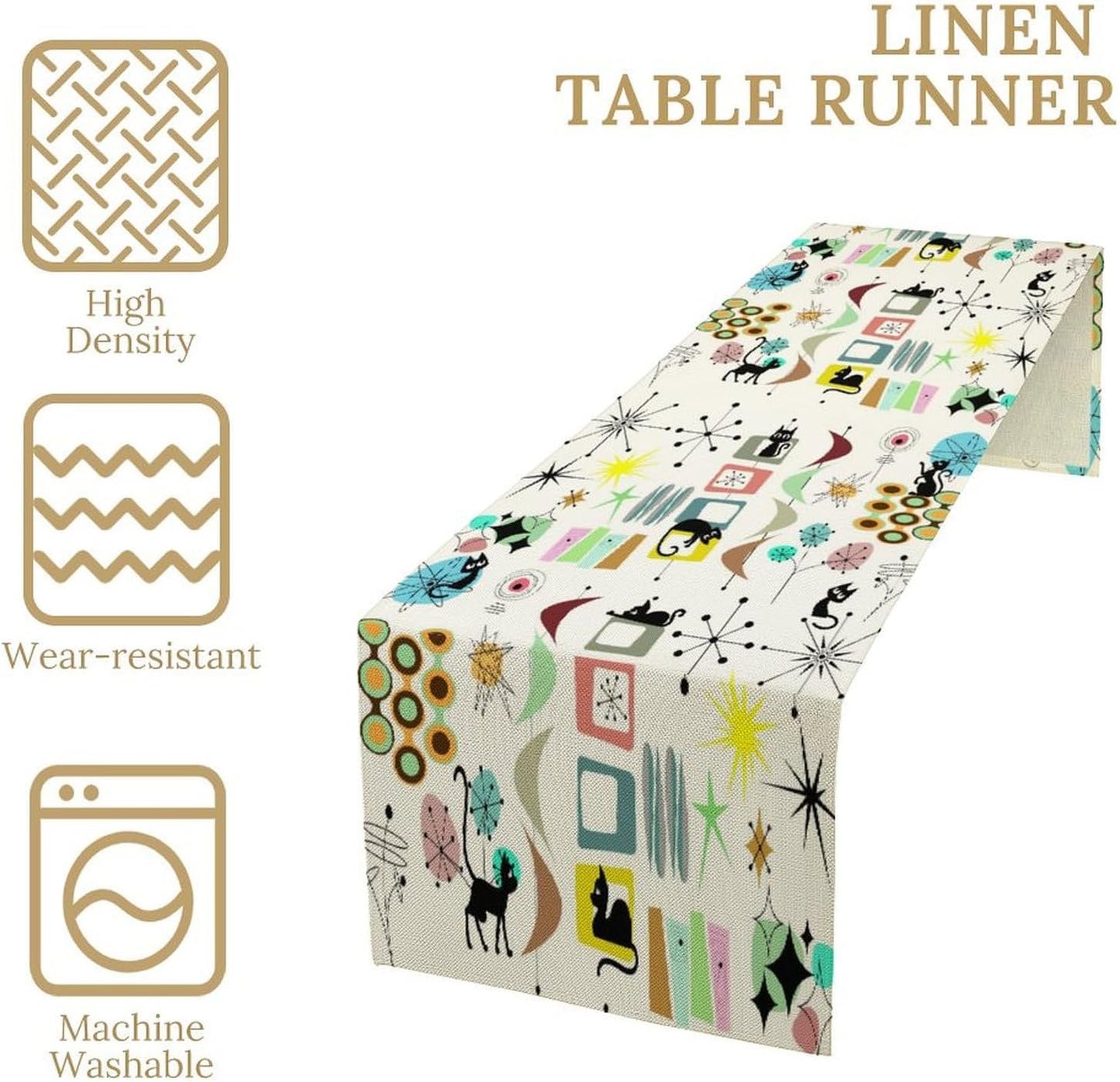 Colorful Geometric Table Runner,Vintage Mid Century Cute Cat Abstract Morden Print Tablecloth Burlap for Hotel Indoors Outdoor Dining Room Kitchen Home Decor, 13x70in