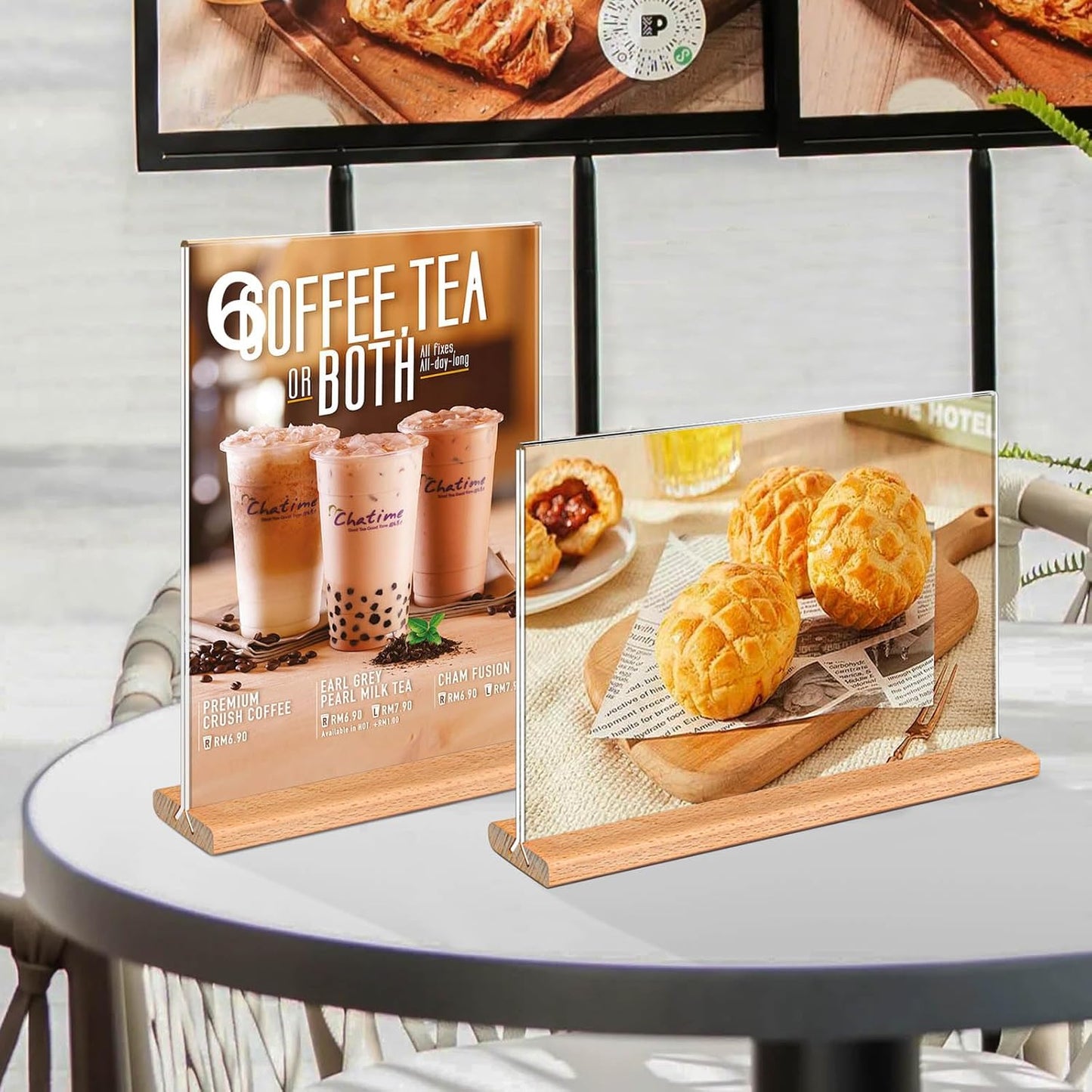 Kersally Acrylic Sign Holder 6 x 4, 3 Pack Double-Sided Clear Table Display Stands with Wood Base,Horizontal Acrylic Frame Menu Flyer Paper Holder for Store, Restaurant, Hotel, Office, Show Fair