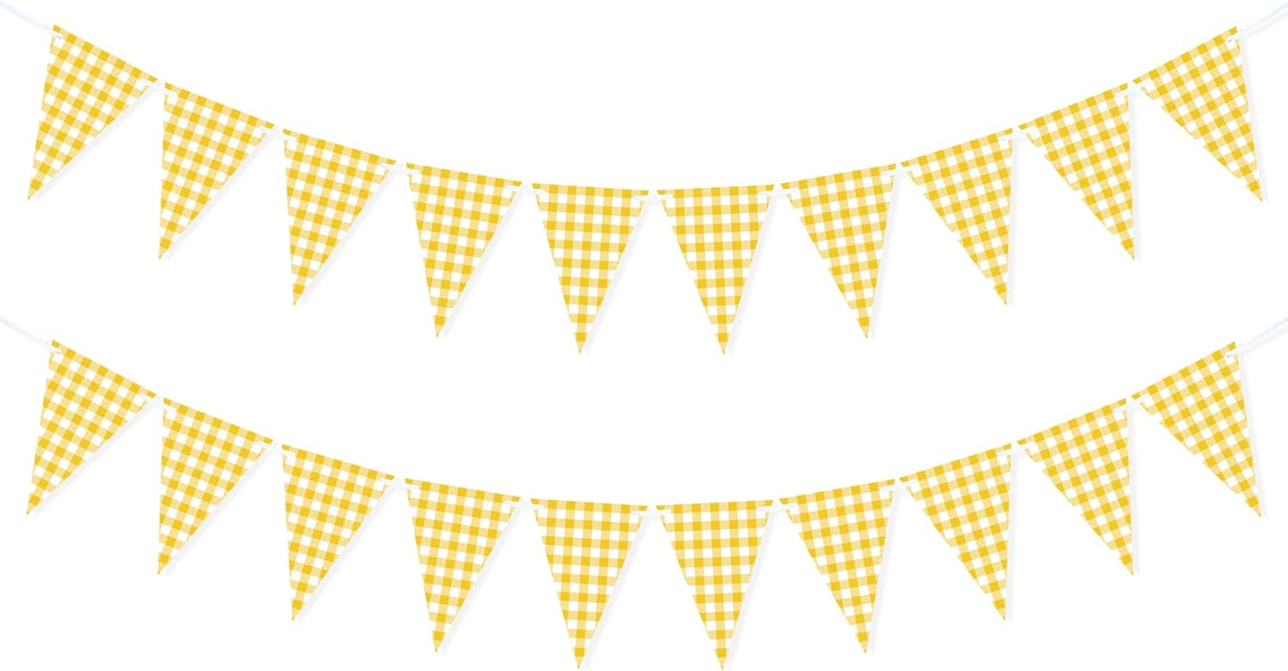 Yellow Gingham Banner for Picnic, BBQ Themed Party Decorations, Yellow and White Checkered Bunting Flag Garland for Lemon Wedding Baby Shower Birthday Party Supplies