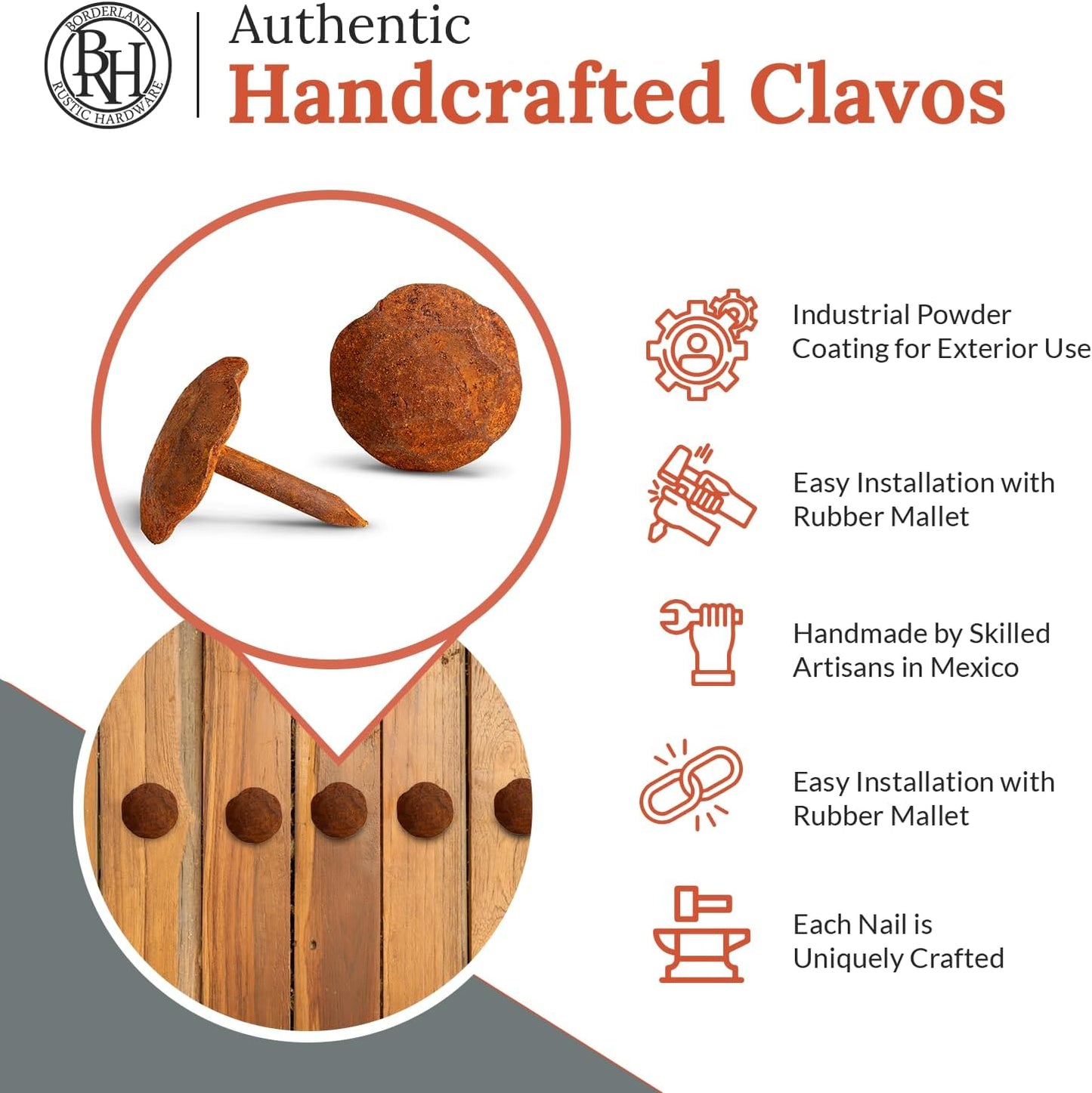 10 Pack 0.75" Round Head Iron Clavos Decorative Nails – Rusted – Handmade Rustic Round Fasteners for Farmhouse Shutters, Faux Wood Beams, Barn Doors, Shutters, Gates – Ornamental Wood Accent