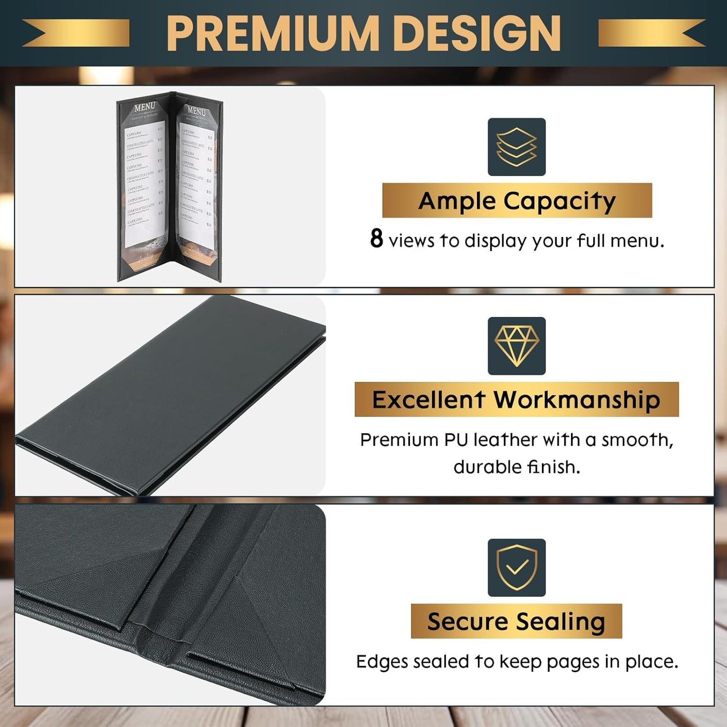 12 Pack 2 View Menu Holder Menu Covers 4.25" x 11" | Black Leather Menu Sleeves Book Style for Restaurant Coffee Bars Wine List