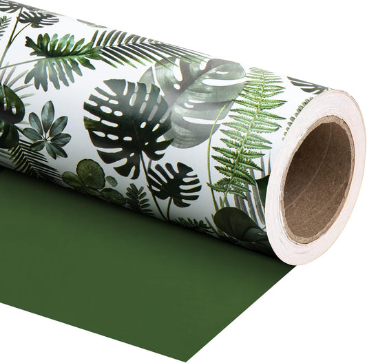 WRAPAHOLIC Reversible Tropical Wrapping Paper - Mini Roll - 17 Inch X 33 Feet - Green Monstera Leaf Hawaii Wrapping Paper for Birthday, Wedding, Bridal Shower, Baby Shower
