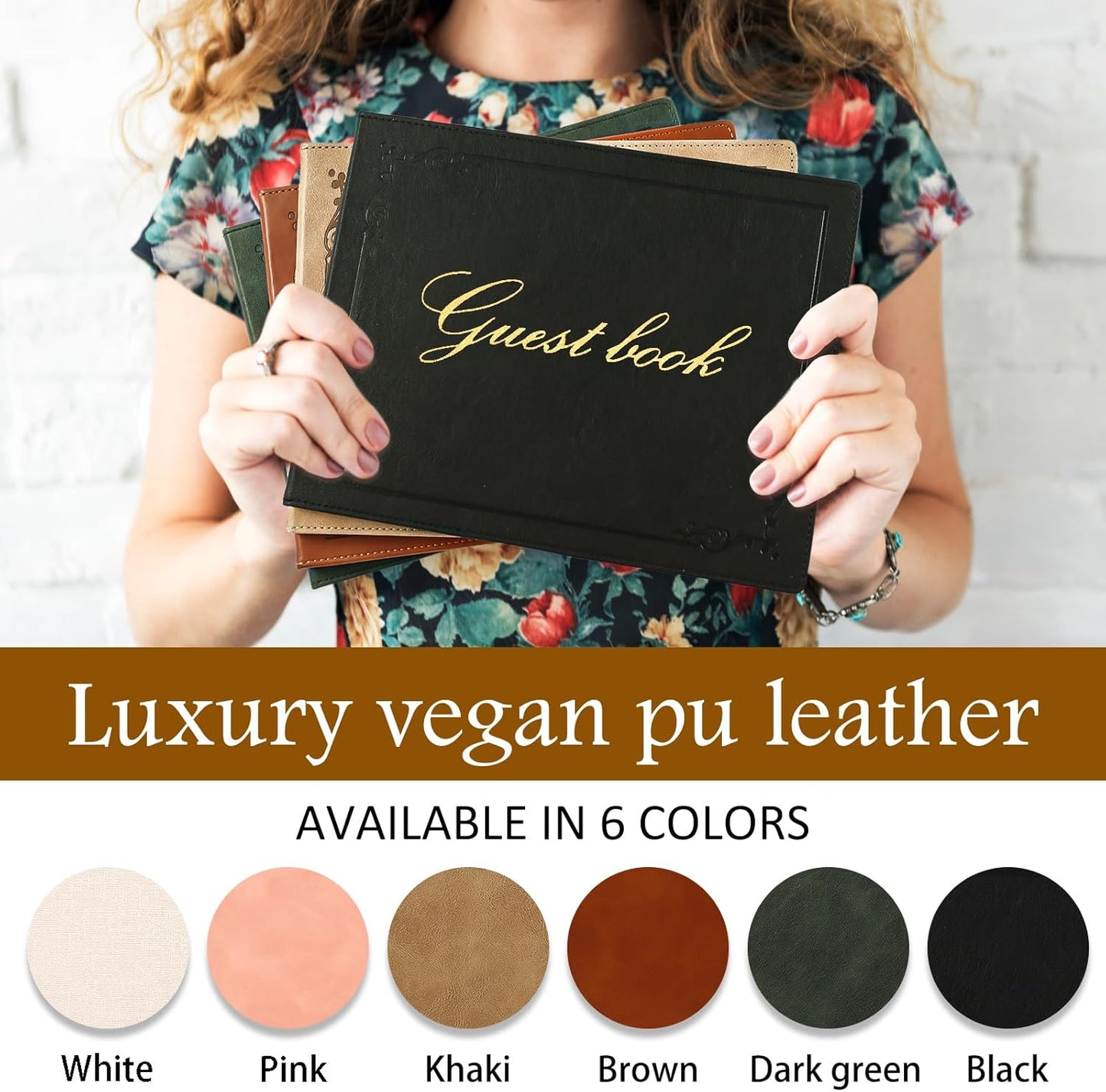 8x10 Leather Guest Book and Standup Sign Set, Gold Foiled Cover Registry Book for Wedding Reception, Retirement Party, Vacation Homes and Events, 120 Pages (Black)