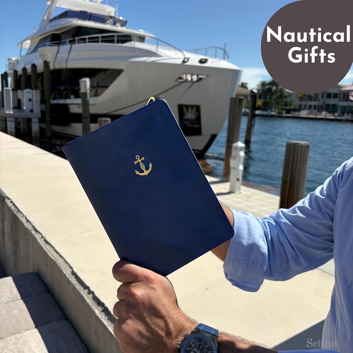 SETTINI Lined Journal, Ideal for Journaling - A5 Vegan Leather Notebook, 192 Archival-Quality Pages, QuillEase Bleed-Free Paper, Inner Pocket & Bookmark - US Navy Gifts, Navy Anchor