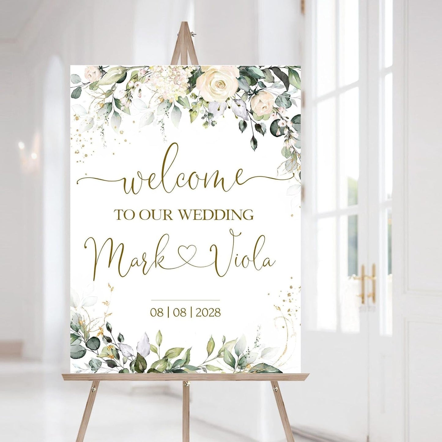 Welcome Wedding Sign Personalized, Minimalist Ivory Floral Wedding Sign Decorations Signage 12" X 18" (Small), 27" (Medium), 36" (Large), Plastic, Modern, Pole Mount, Weather