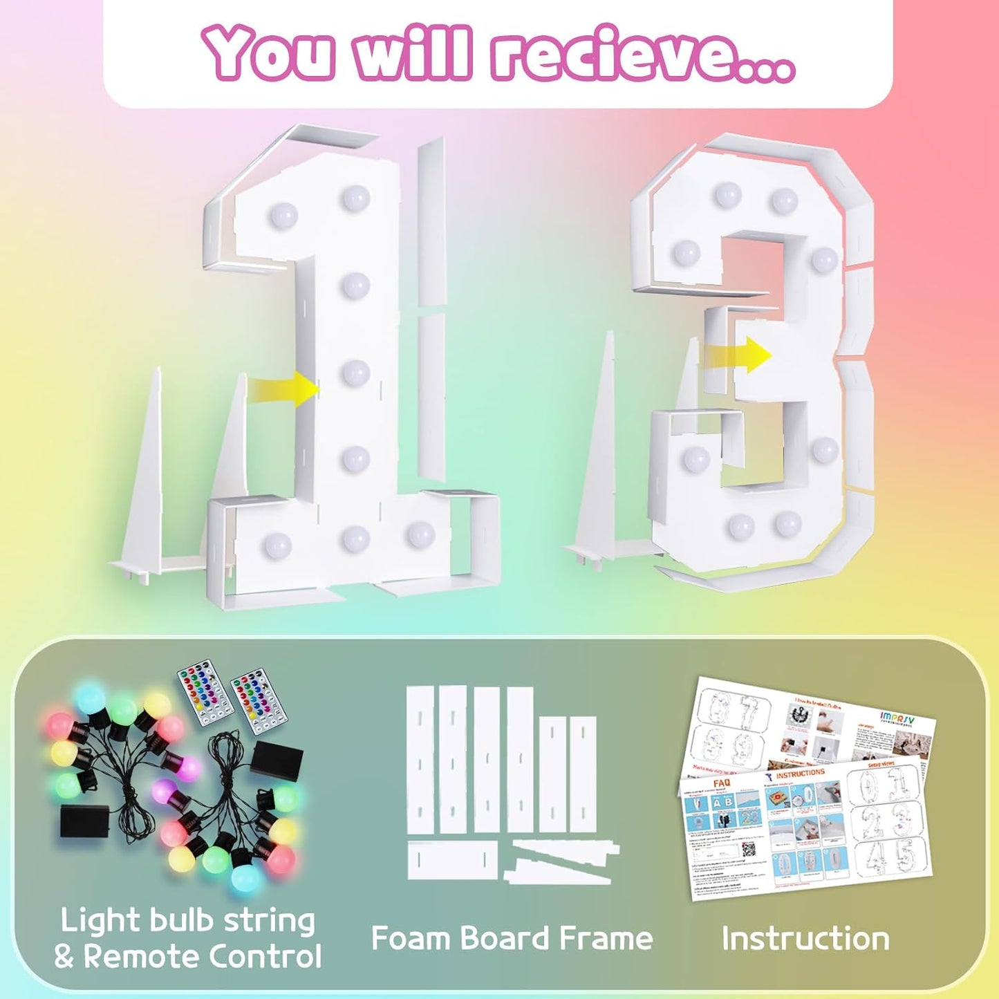 Marquee Numbers 13th-Birthday Decoration: Colorful 3FT Large Light Up 13 Year Old Birthday Decorations Anniversary Backdrop for Boys Girls Cardboard Sign 18 Colors Number 13 Mosaic Balloon Frame