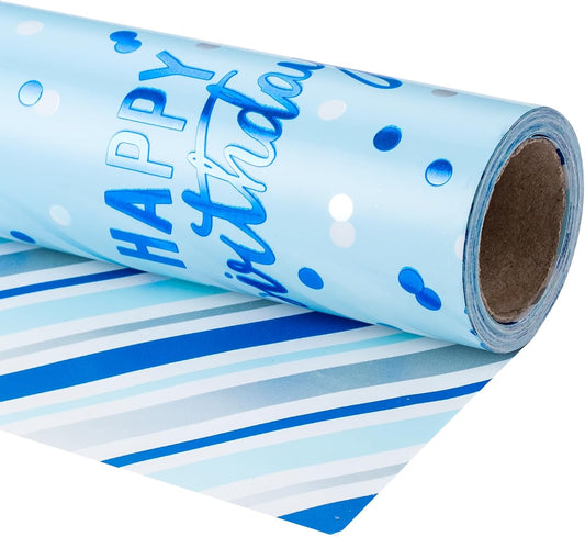 LeZakaa Reversible Blue Birthday Wrapping Paper Roll for Boys Men, Happy Birthday Lettering & Stripe Pattern with Metallic Foil in Blue, Mini Roll, 17 inches x 32.8 Feet (46.45 sq.ft.)