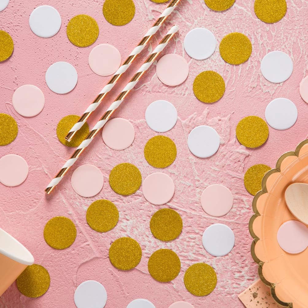 MOWO Confetti Circles Wedding Party Decor and Table Decor, 1.2’’ in Diameter (glitter gold pink and white mix,200pc)