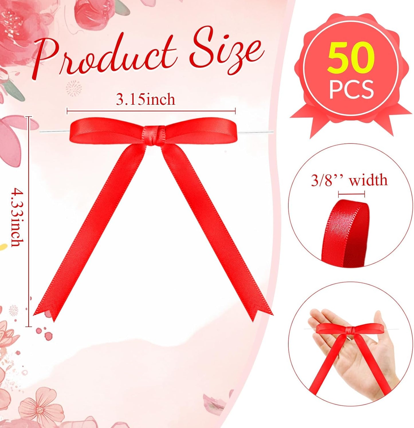 Riceshoot 50 Pcs Twist Tie Bows for Cake 3x4.5 Inch Satin Ribbon Bows for Gift Wrapping Treat Bags Craft DIY Wedding Baby Shower Birthday Party(Red)