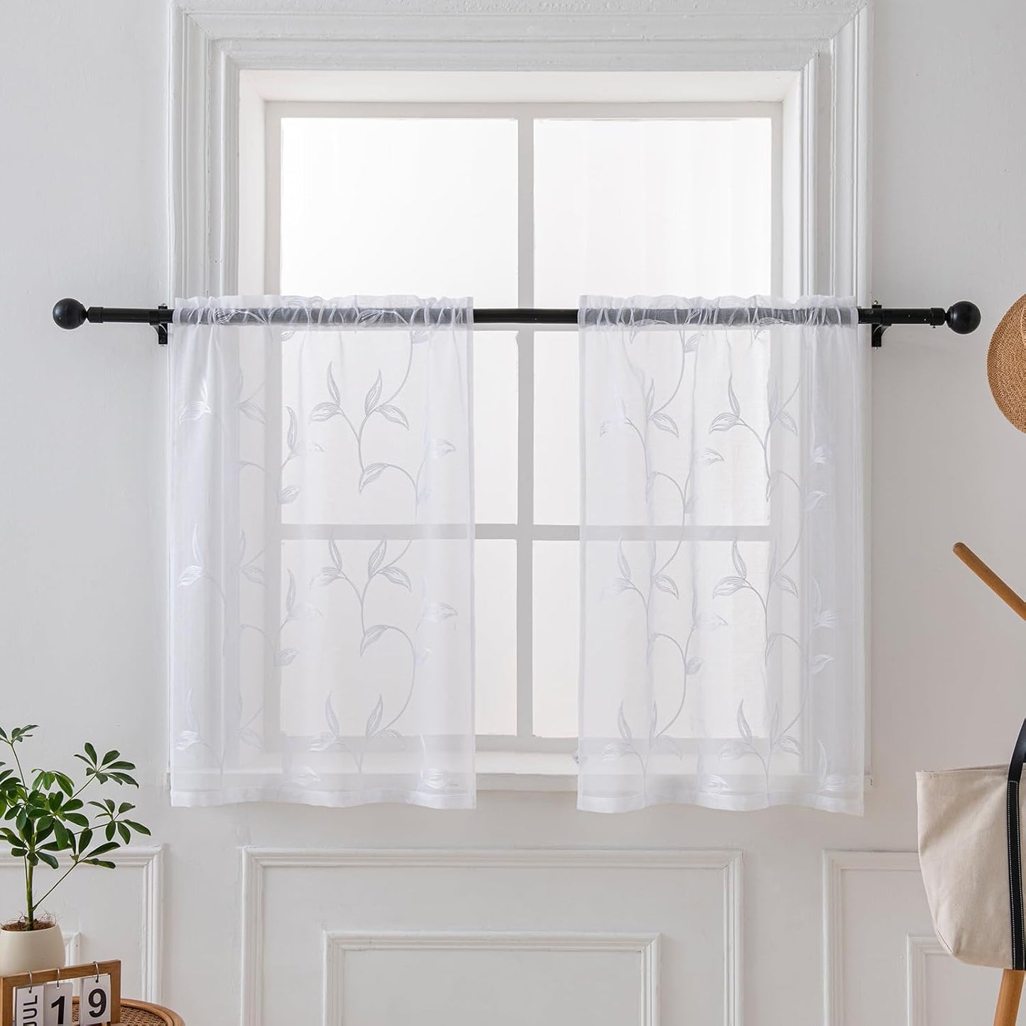 VISIONTEX White Sheer Voile Curtains, Decorative Leaves Embroidery Faux Linen Rod Pocket Window Drapes for Home Kitchen, Living Room and Bedroom 26 x 36 Inch, Set of 2 Curtain Panels