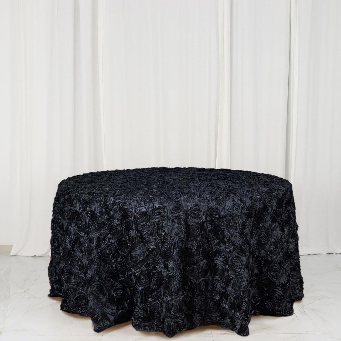 Efavormart 120" Wholesale Round Table Cover Black Grandiose Rosette 3D Satin Tablecloth for Wedding Party Event Decoration