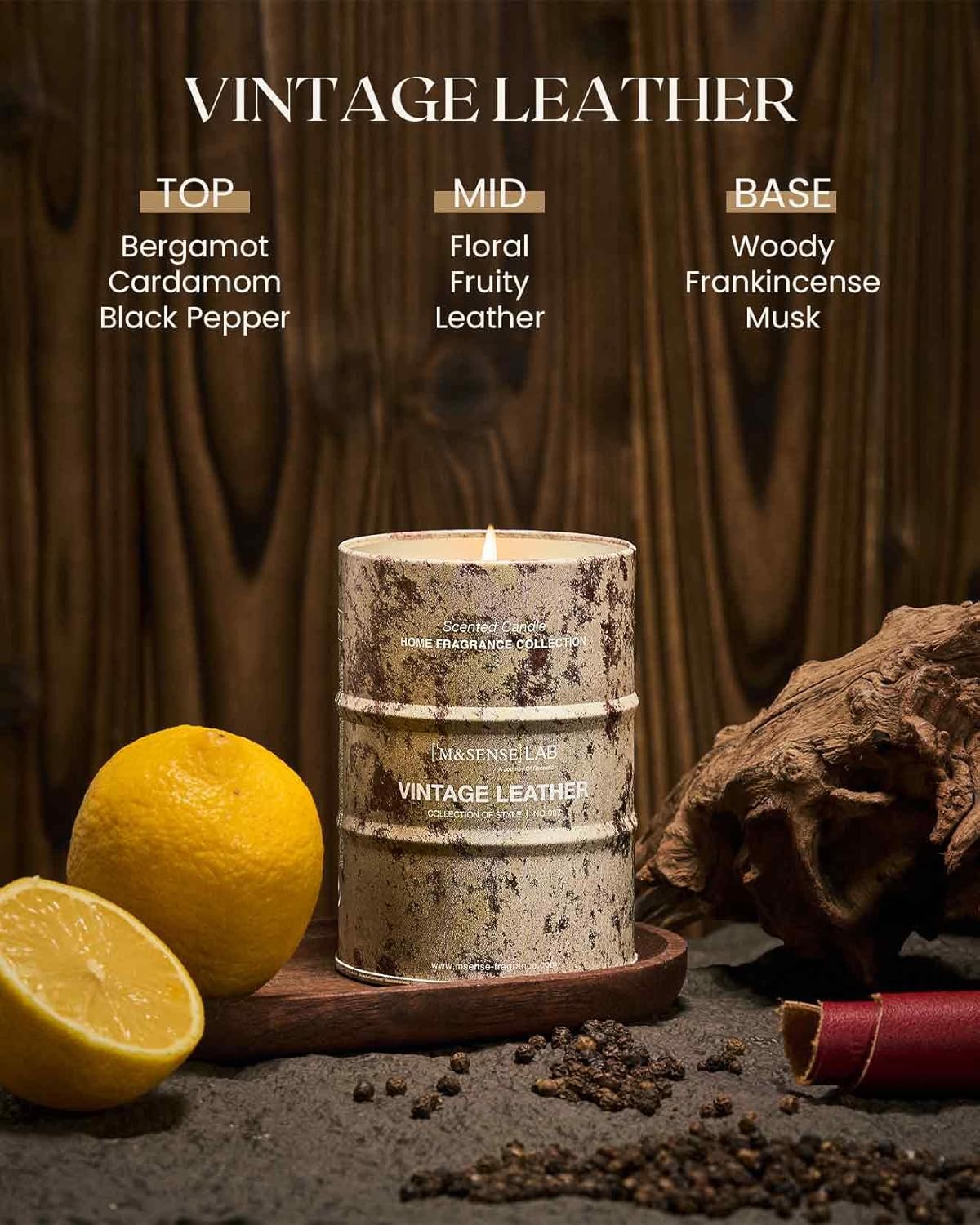 M&SENSE Vintage Leather Scented Candles Natural Non Toxic, Aromatherapy Candle for Stress Relief Meditation Relaxing, Housewarming Gifts for Women Men, 11.3oz 70 Hour Long Burning